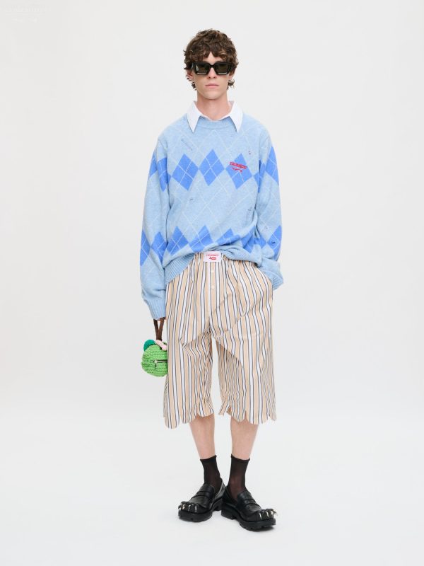 DISTRESSED ARGYLE SWEATER in LIGHT BLUE