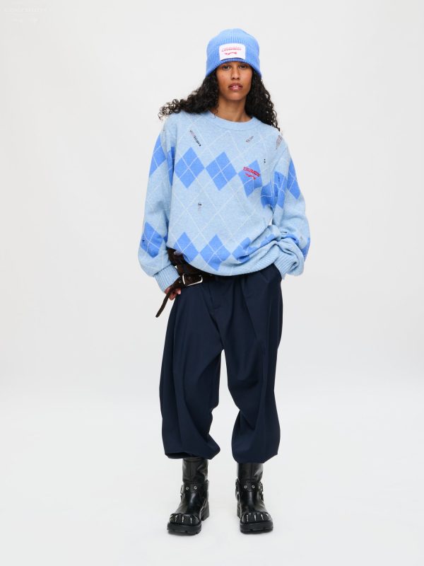 DISTRESSED ARGYLE SWEATER in LIGHT BLUE