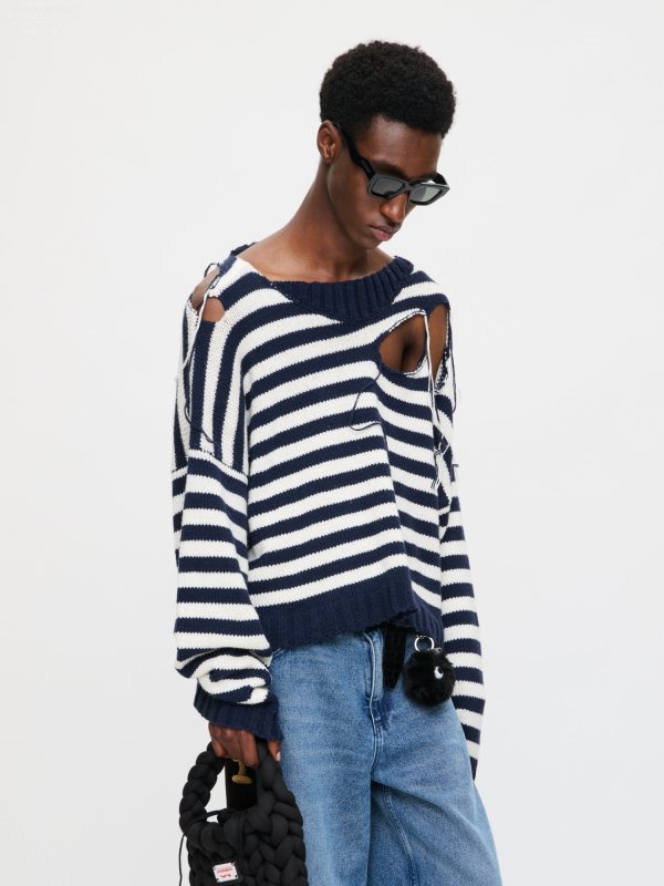 SLASH STRIPE SWEATER in NAVY ECRU STRIPE