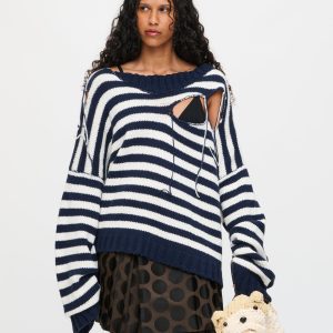 SLASH STRIPE SWEATER in NAVY ECRU STRIPE
