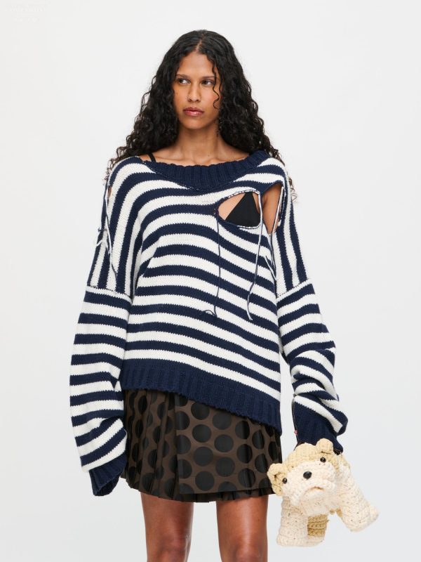 SLASH STRIPE SWEATER in NAVY ECRU STRIPE