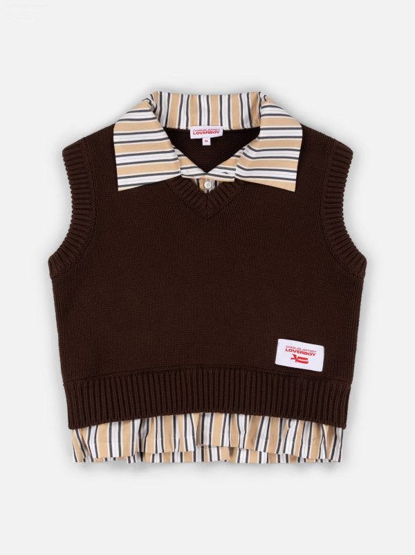 SMART CROPPED VEST in BROWN BEIGE STRIPE