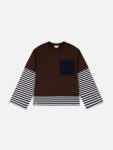 LONG SLEEVE 2-IN-1 TEE WITH KNIT PATCH in BROWN STRIPE