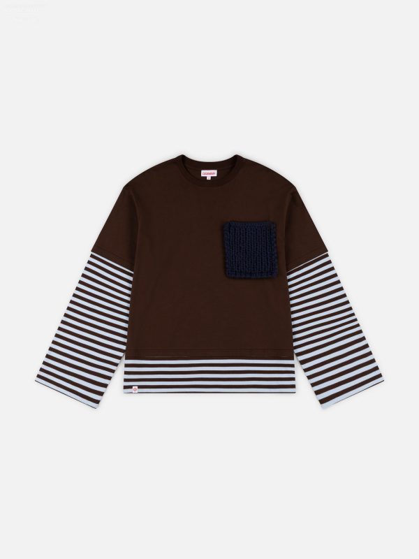LONG SLEEVE 2-IN-1 TEE WITH KNIT PATCH in BROWN STRIPE