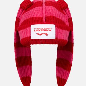 CHUNKY RABBIT BEANIE in RED PINK STRIPE