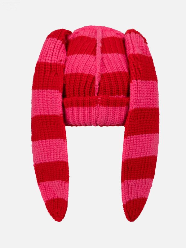 CHUNKY RABBIT BEANIE in RED PINK STRIPE
