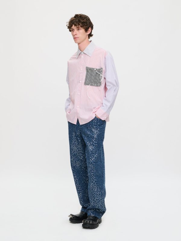 OVERSIZED LONG SLEEVE SHIRT WITH KNITTED PATCH in RED PURPLE KHAKI