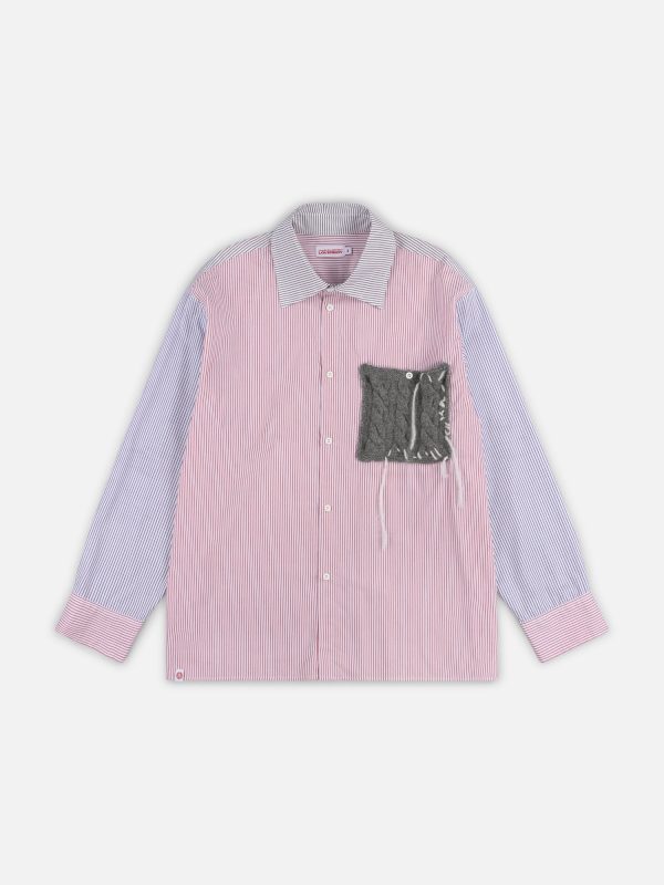OVERSIZED LONG SLEEVE SHIRT WITH KNITTED PATCH in RED PURPLE KHAKI