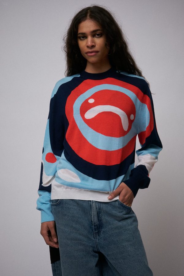 SMILEY SWEATER in RED BLUE NAVY ECRU