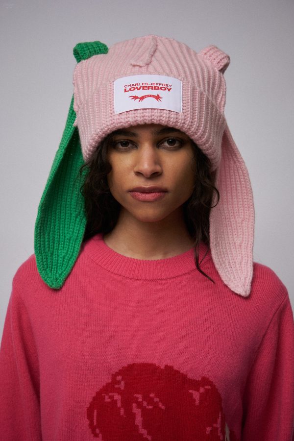 CHUNKY RABBIT BEANIE in PINK GREEN