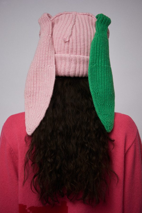 CHUNKY RABBIT BEANIE in PINK GREEN